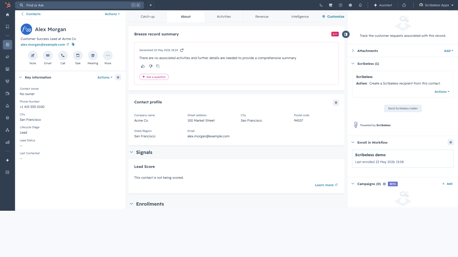 HubSpot contact record showing the Scribeless mailer action